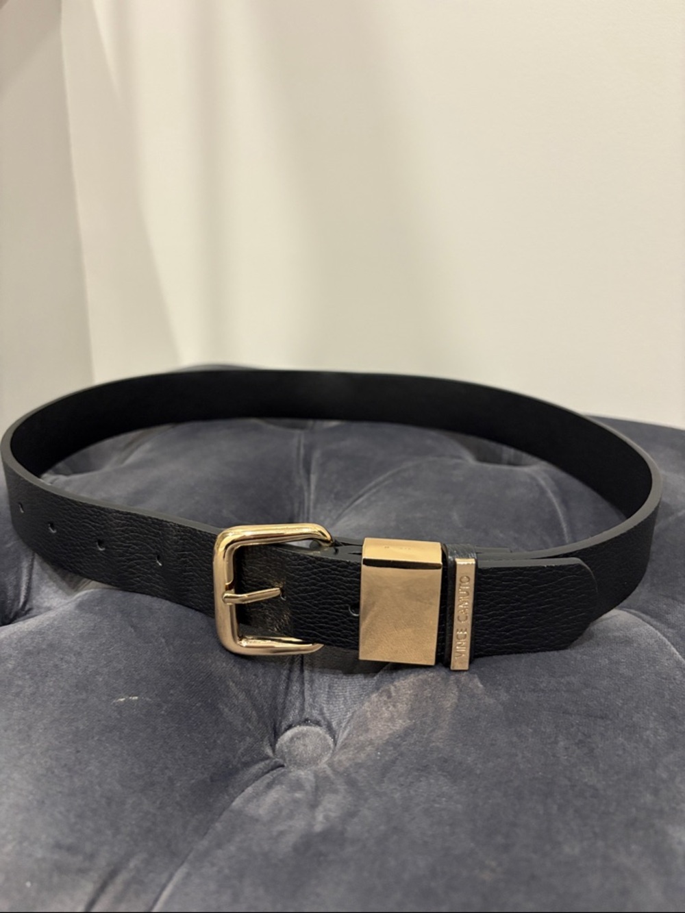 Vince Camuto Black Leather Belt with Gold Hardware
